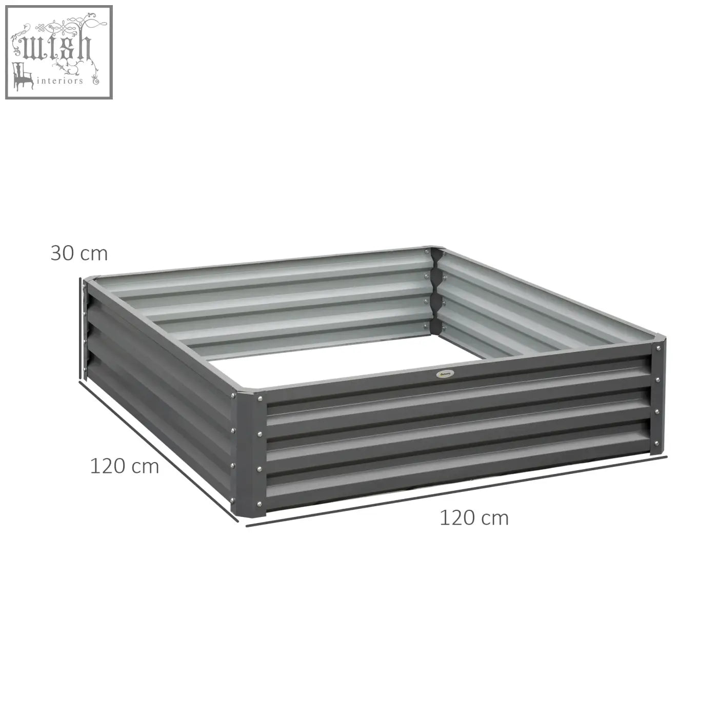 Dark gray square raised garden bed made of galvanised steel with light grey finish for direct contact planting