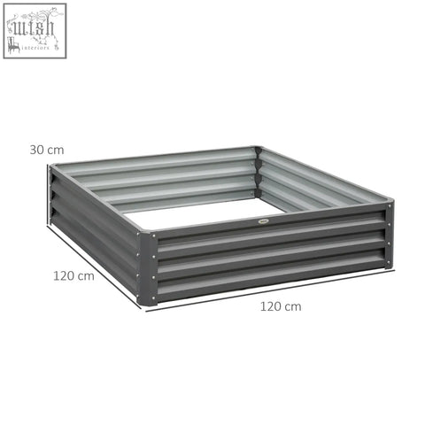 Dark gray square raised garden bed made of galvanised steel with light grey finish for direct contact planting