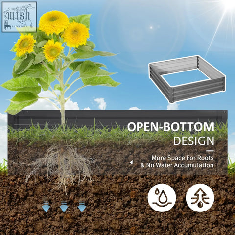 Gray metal raised garden bed with open-bottom design made of galvanised steel for direct contact with soil