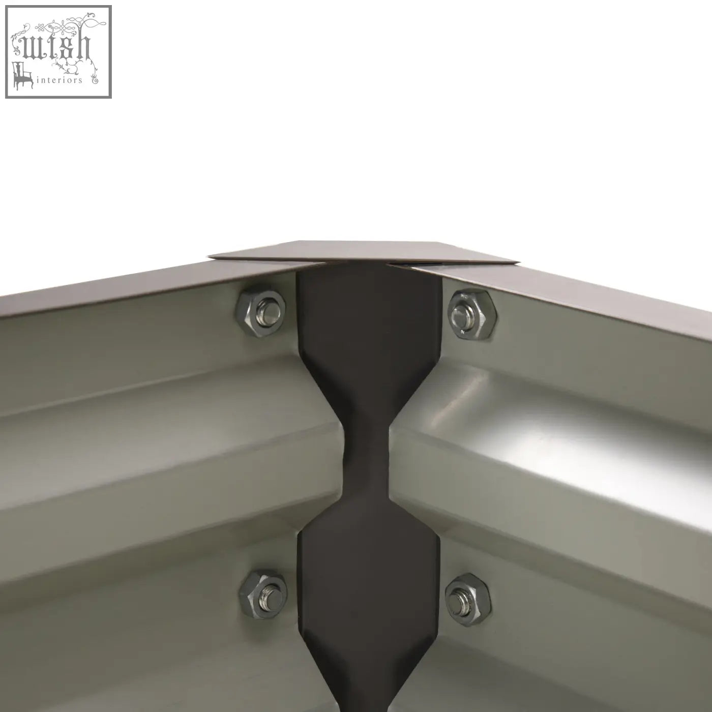 Dark gray metal corner bracket with four silver bolts securing the galvanised steel frame of outsunny garden bed box