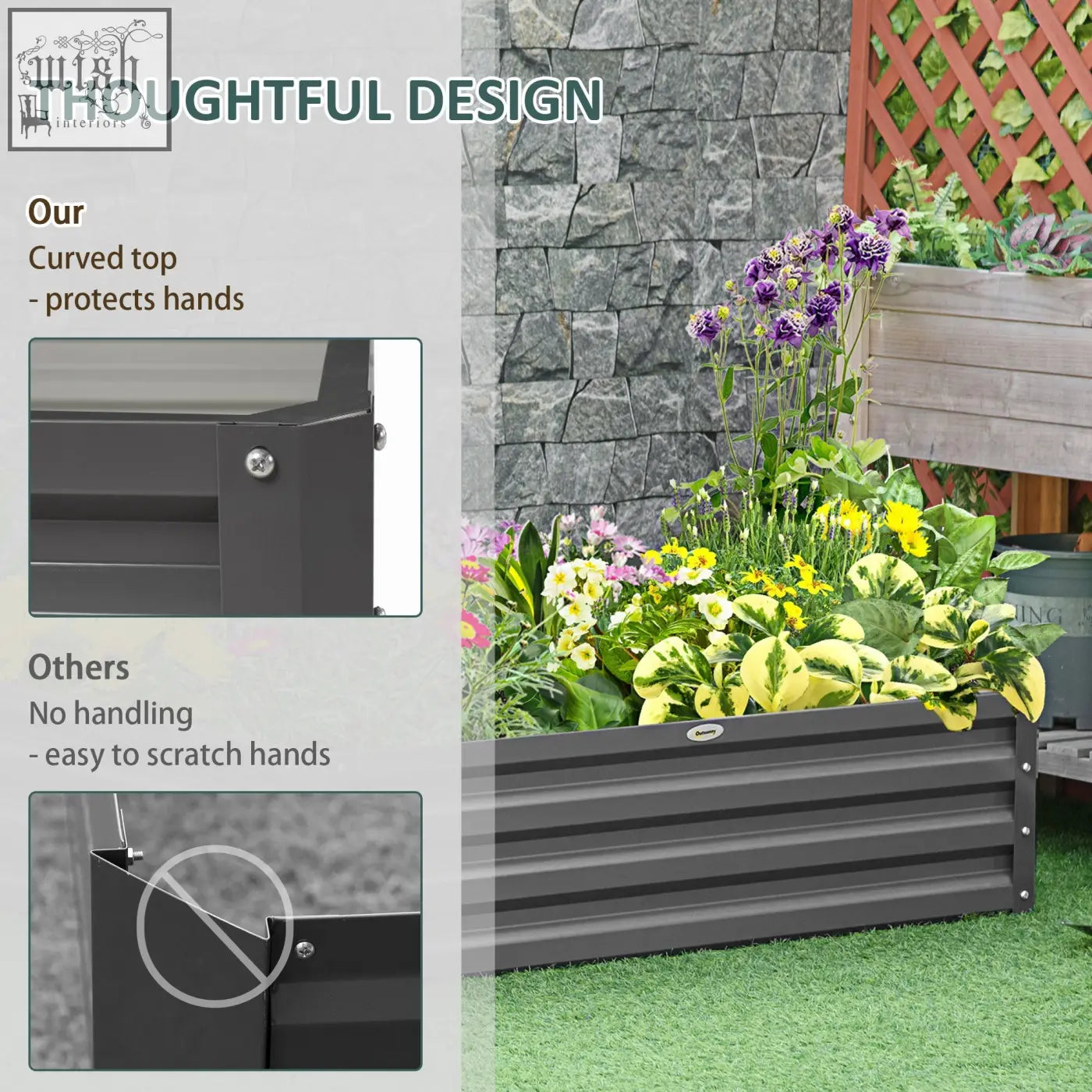 Dark gray corrugated metal garden planter with curved top made of galvanised steel for direct contact planting