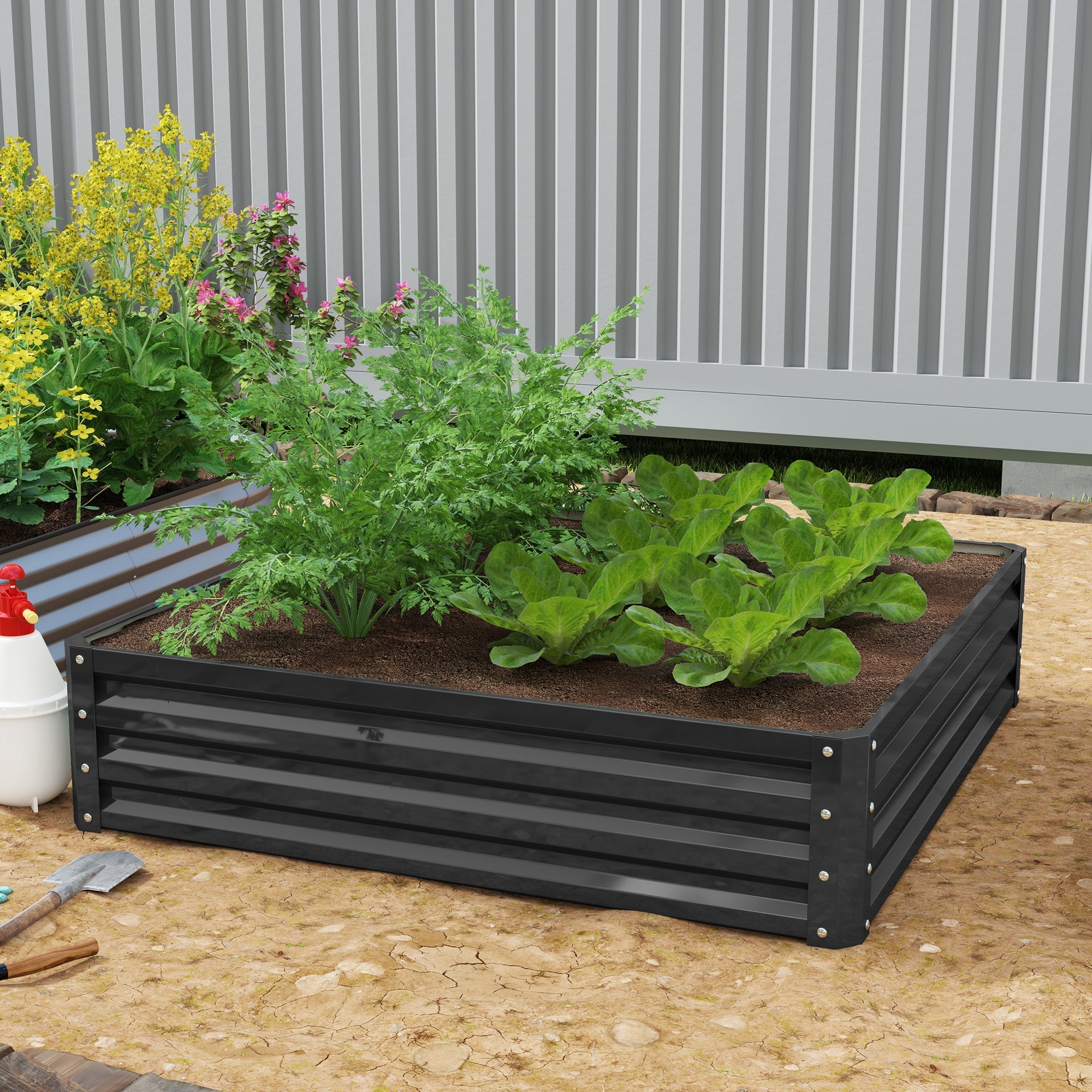 Outsunny 432l square raised garden bed box in grey with galvanised steel frame for direct contact planting of veggies and herbs