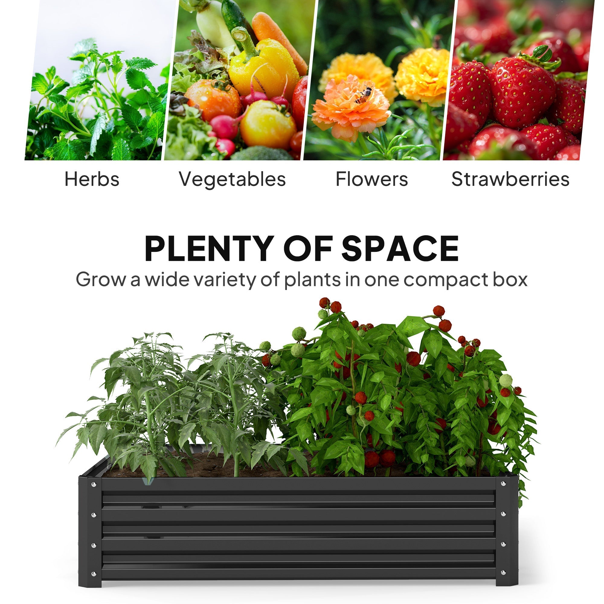 Outsunny 432L grey garden bed with galvanised steel frame, black slats, filled with lush plants and red tomatoes