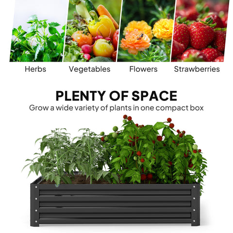 Outsunny 432L grey garden bed with galvanised steel frame, black slats, filled with lush plants and red tomatoes