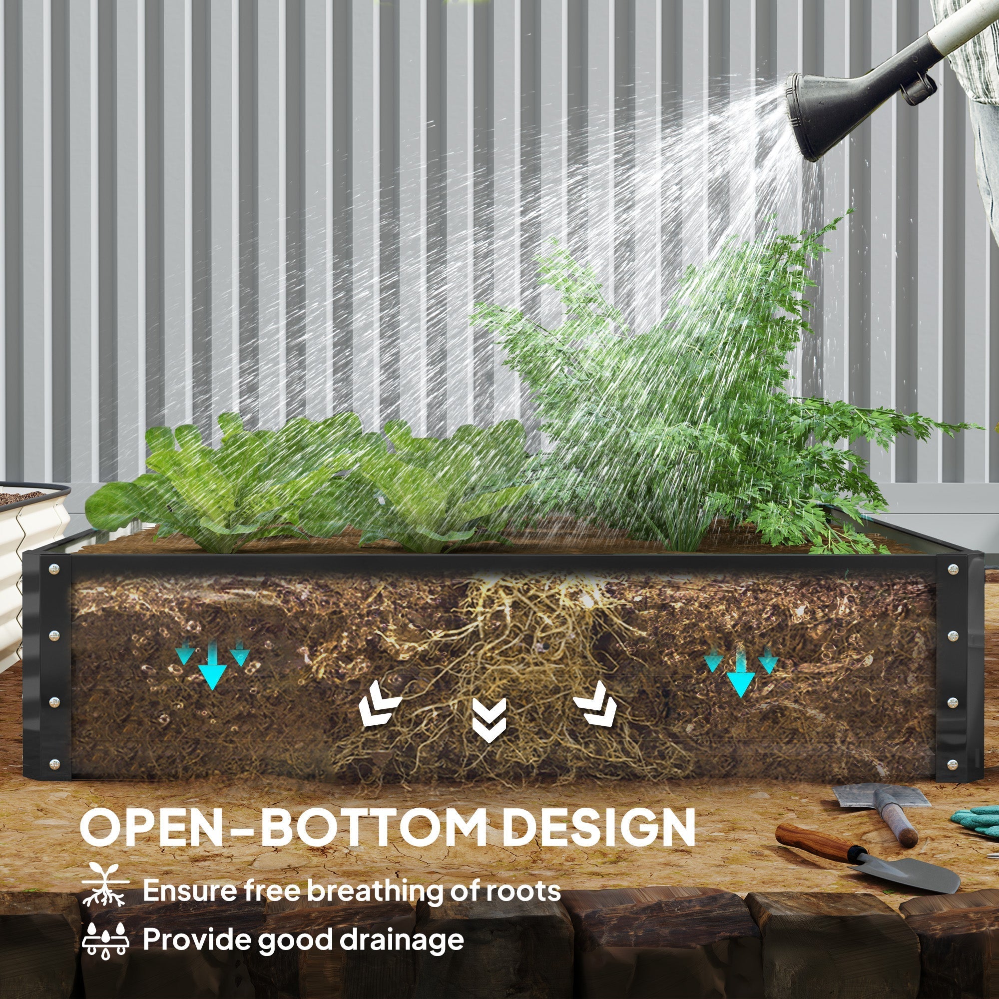 Outsunny 432l grey raised garden bed with galvanised steel frame and open bottom for direct contact with soil roots