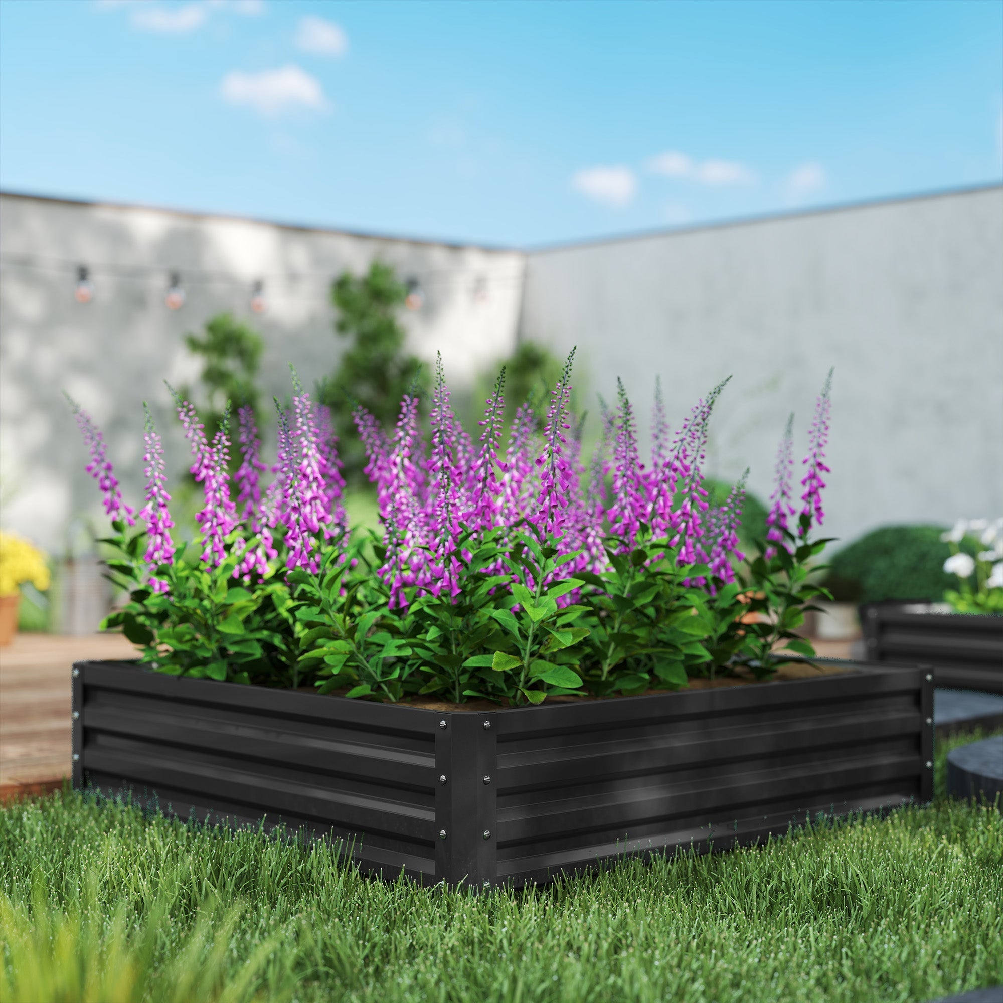 Outsunny 432l grey garden bed box made of galvanised steel with direct contact soil holding purple foxglove flowers