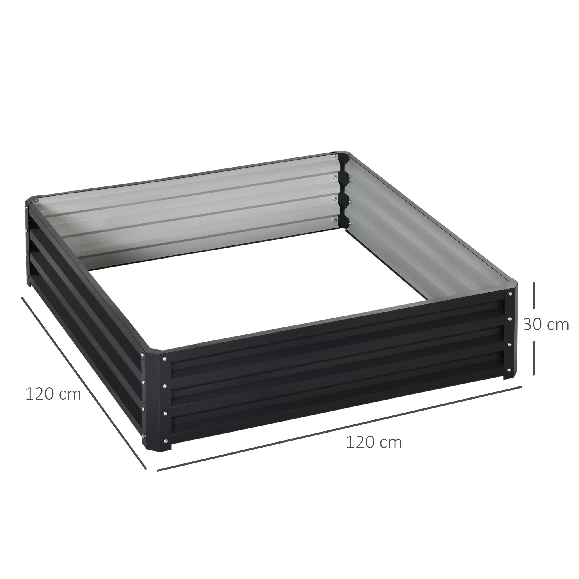 Outsunny 432l square garden bed box in grey with direct contact galvanised steel frame 120 x 120 x 30 cm