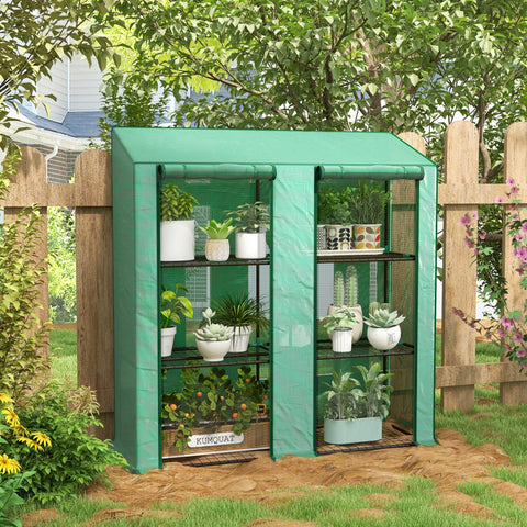 Outsunny green fabric greenhouse with black metal shelves and mesh sides offers easy access and compact plant storage