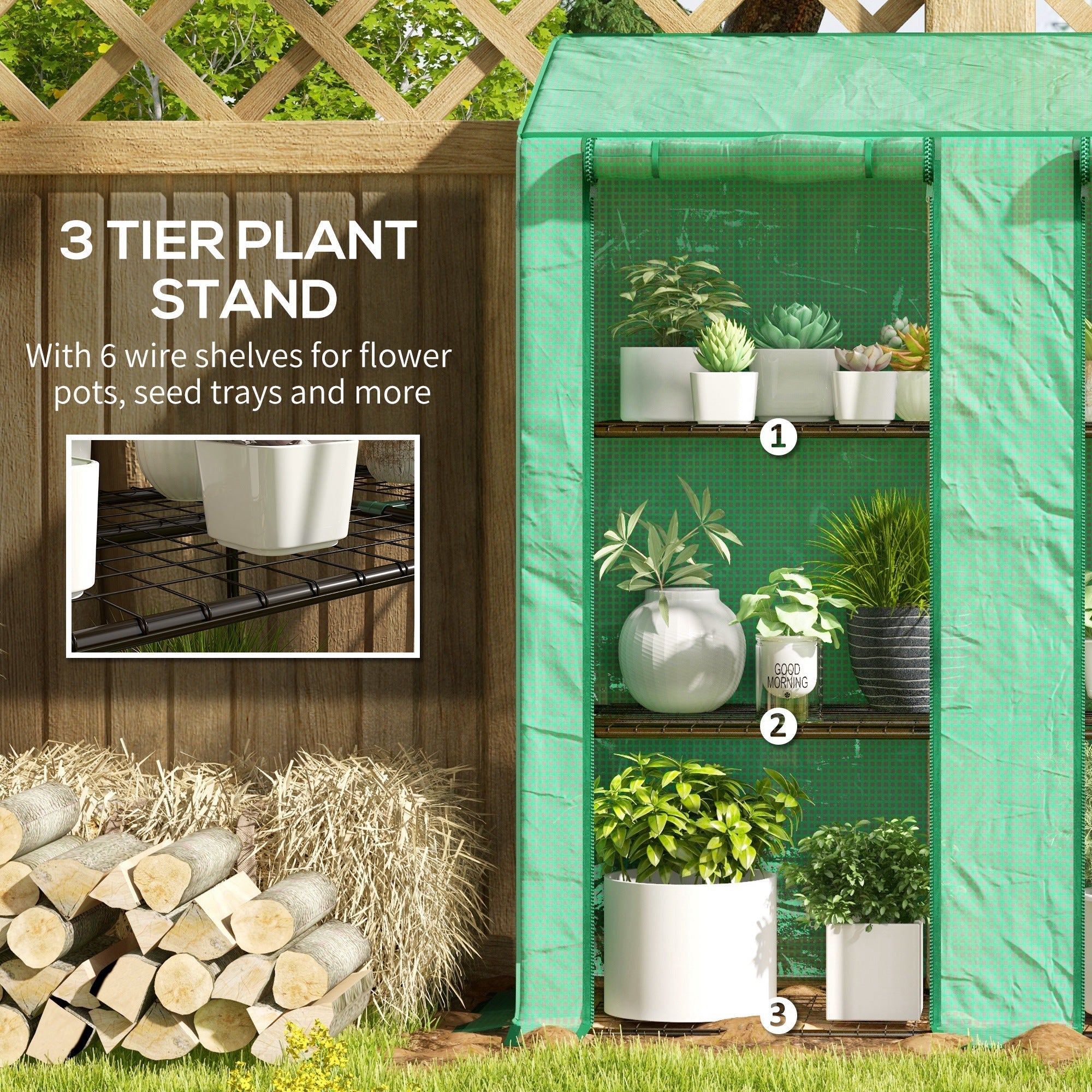 Outsunny green fabric greenhouse with three wire shelves for potted plants provides easy access and compact storage