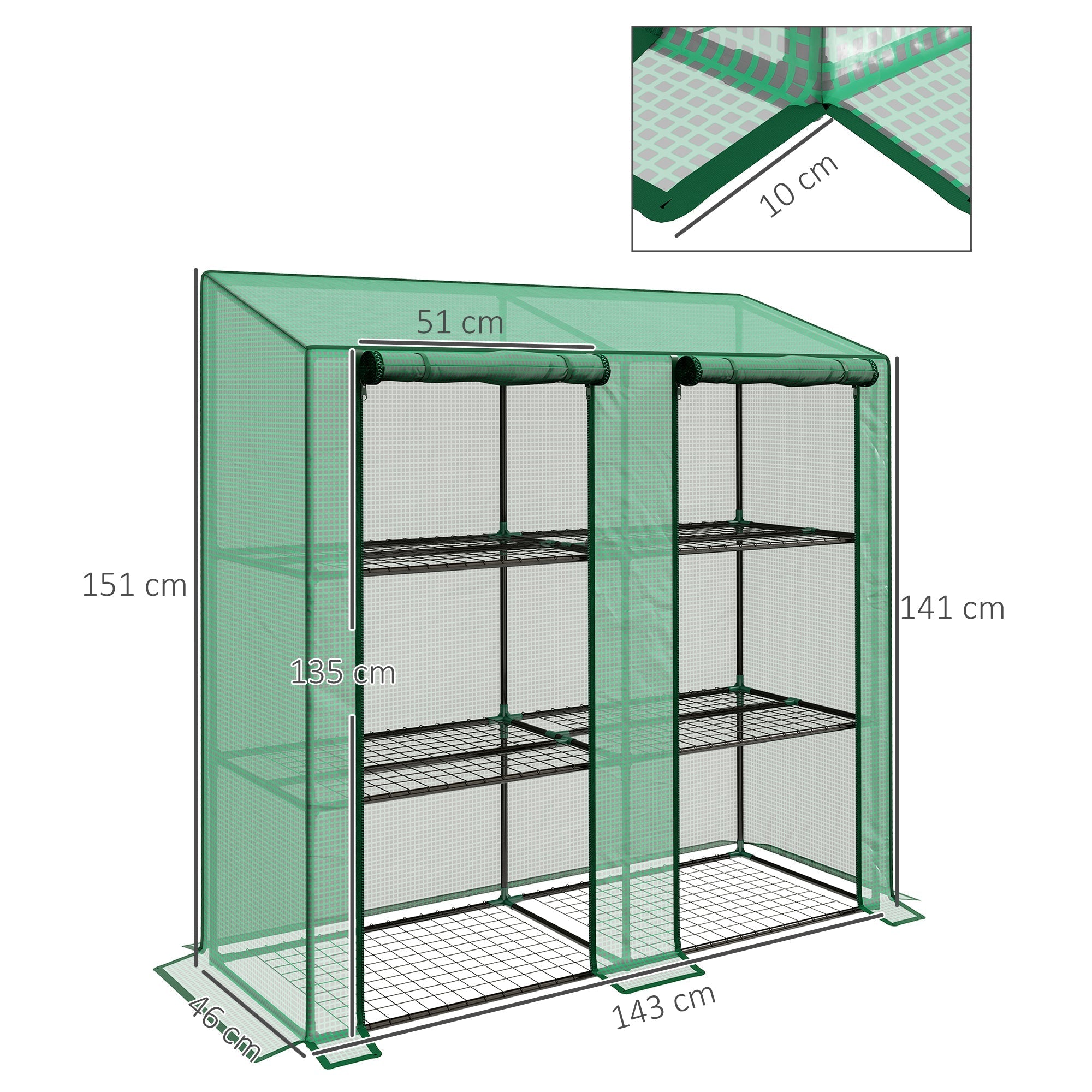 Outsunny 46 x 143cm green mesh greenhouse with black metal frame and three shelves for easy access gardening