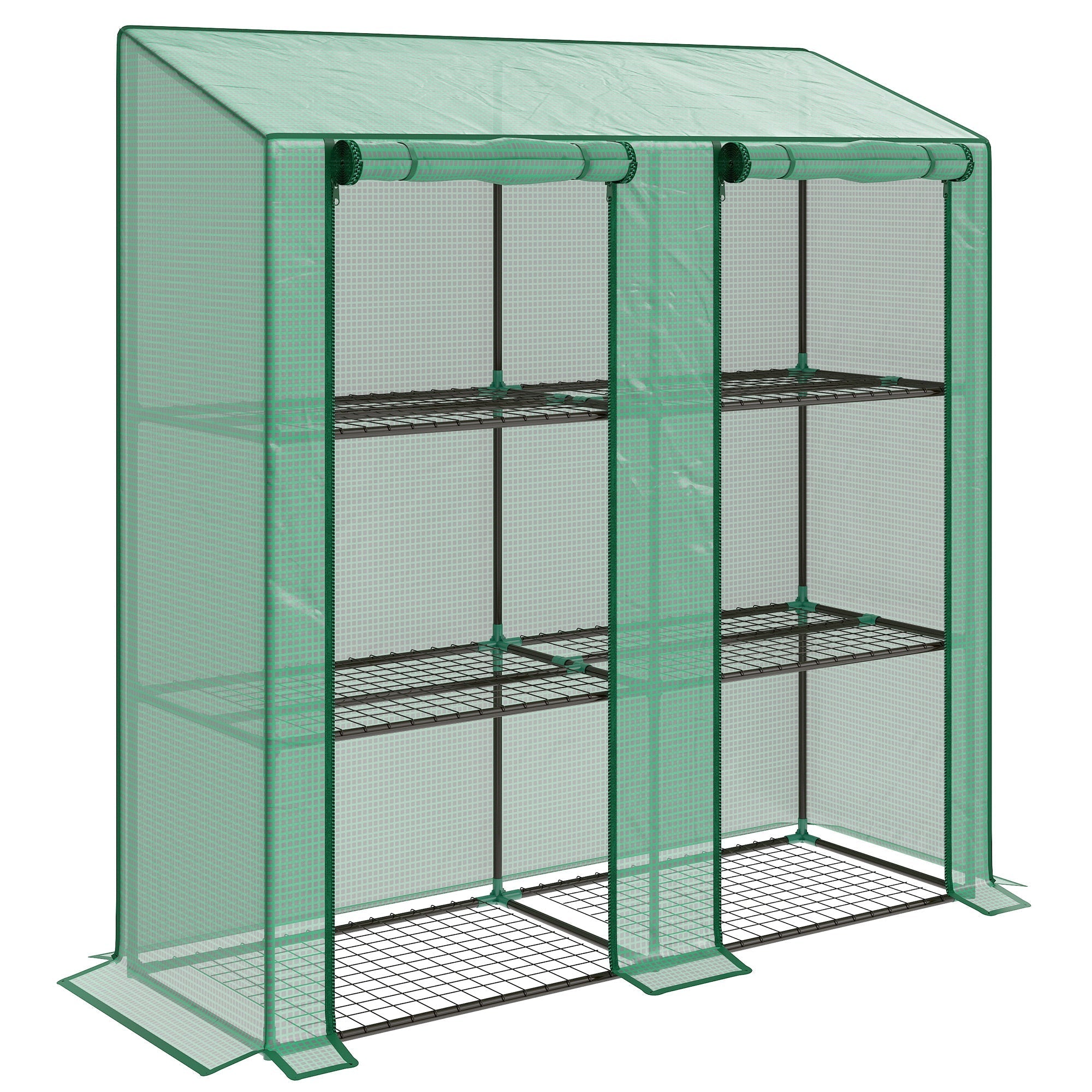 Outsunny green mesh mini greenhouse with black wire shelves and frame offers easy access for three-shelf storage