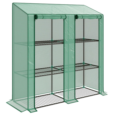 Outsunny green mesh mini greenhouse with black wire shelves and frame offers easy access for three-shelf storage