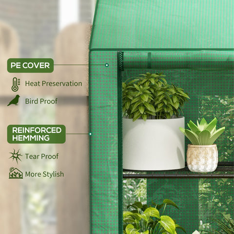 Outsunny green pe cover mini greenhouse with reinforced hemming heat preservation and easy access three shelves