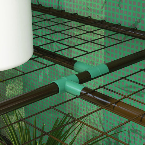 Teal plastic pipe connectors joining dark brown metal pipes in outsunny green three-shelf mini greenhouse for easy access