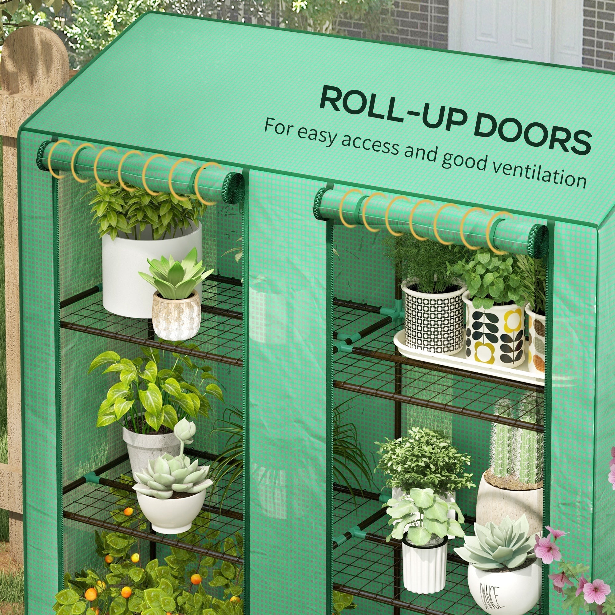 Teal green portable outsunny mini greenhouse with roll-up doors and metal shelves for easy access and plant storage