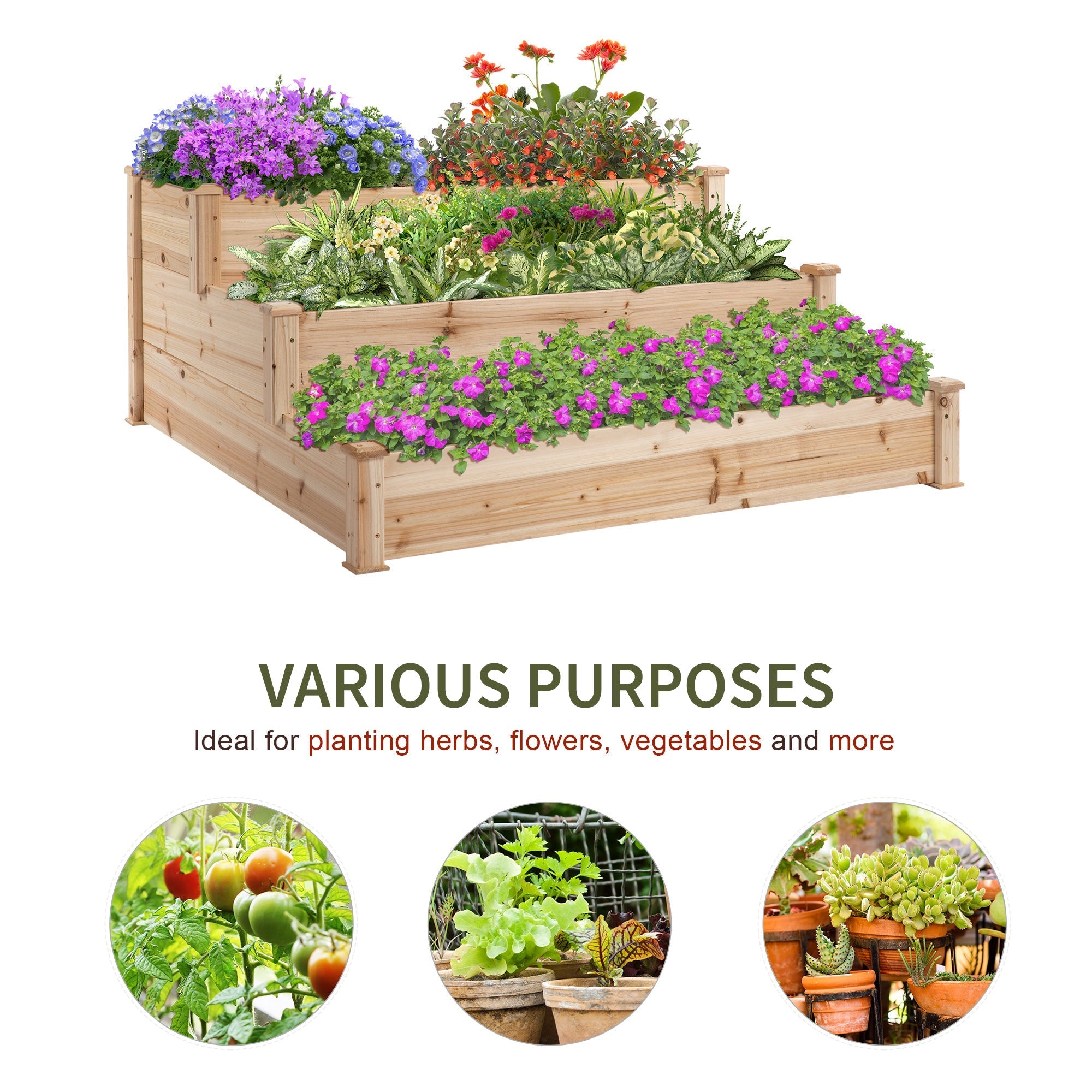 Outsunny 470l wooden raised bed with stepped design in light wood filled with vibrant flowers for garden or patio use