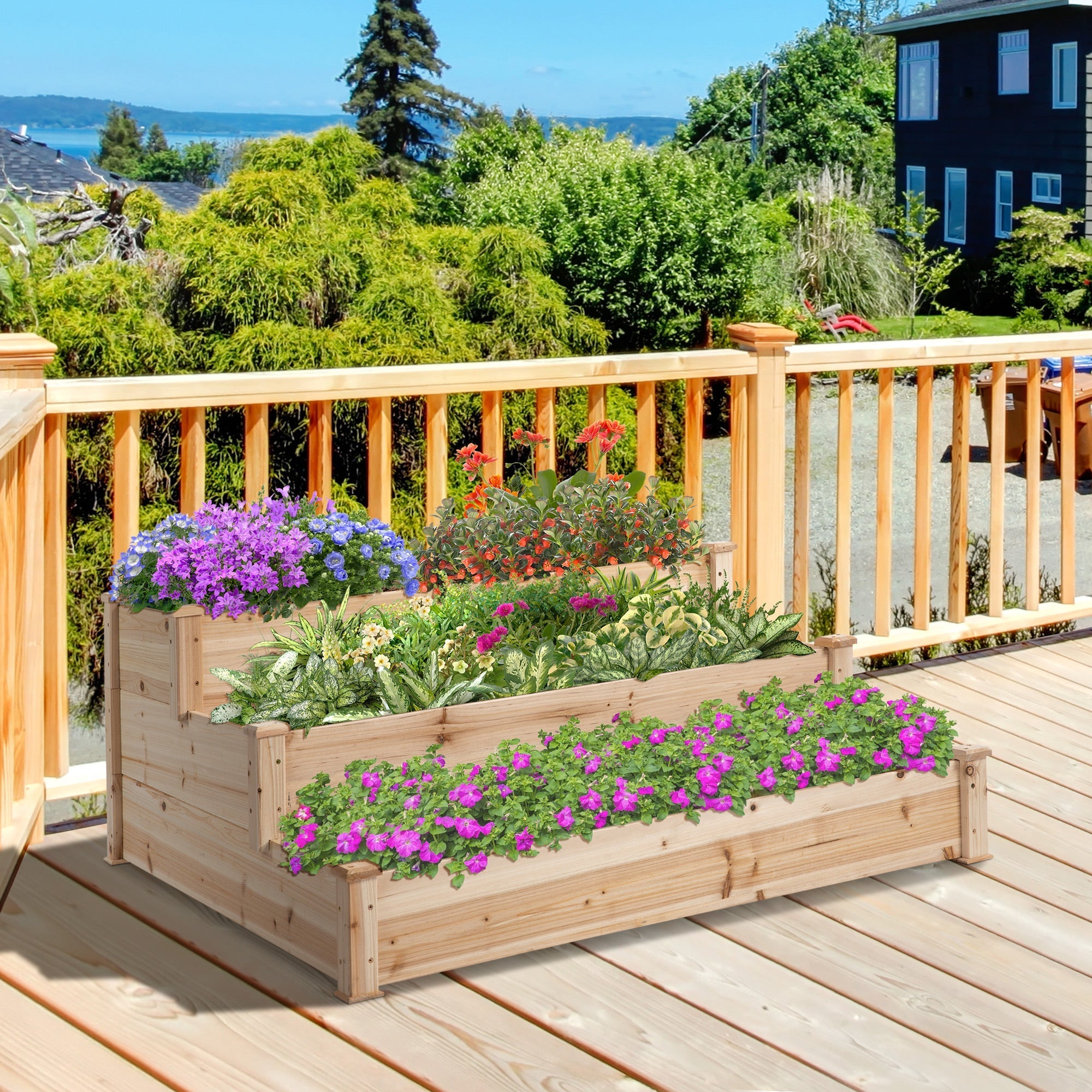 Outsunny 470l wooden raised bed with stepped design and light wood filled with purple and red flowering plants