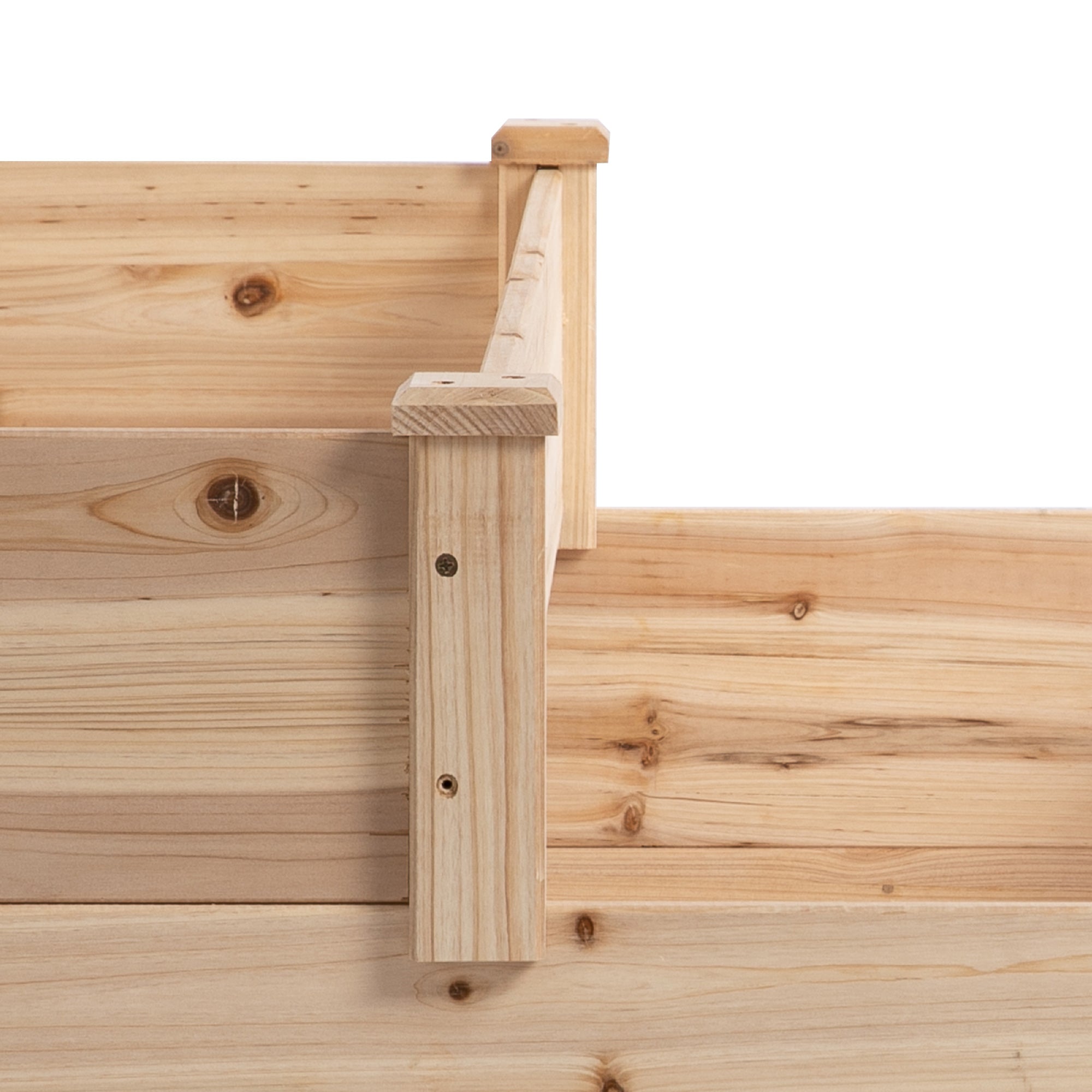 Light-colored wooden raised bed corner with visible grain and knots for outsunny 470l stepped design planter kit