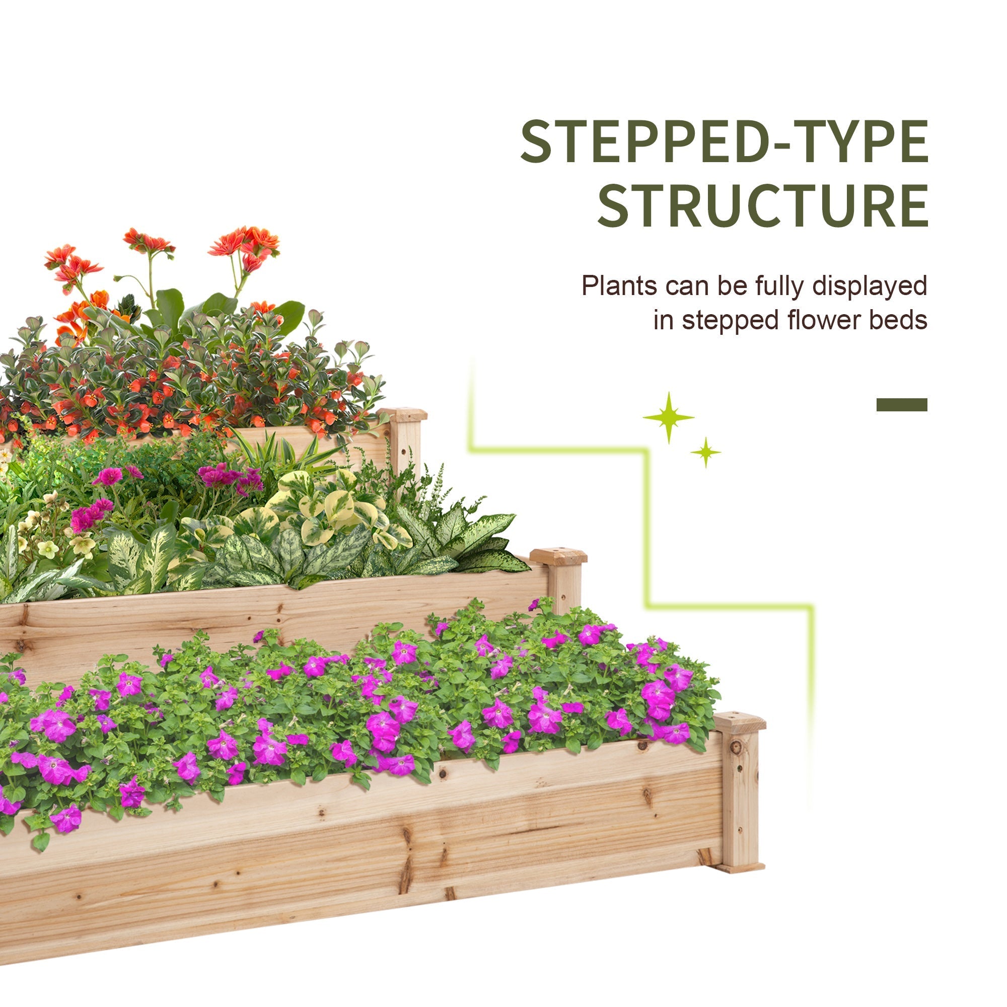 Outsunny 470l wooden raised bed with stepped design featuring light wood and vibrant purple orange plants for garden use