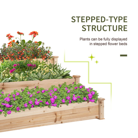 Outsunny 470l wooden raised bed with stepped design featuring light wood and vibrant purple orange plants for garden use