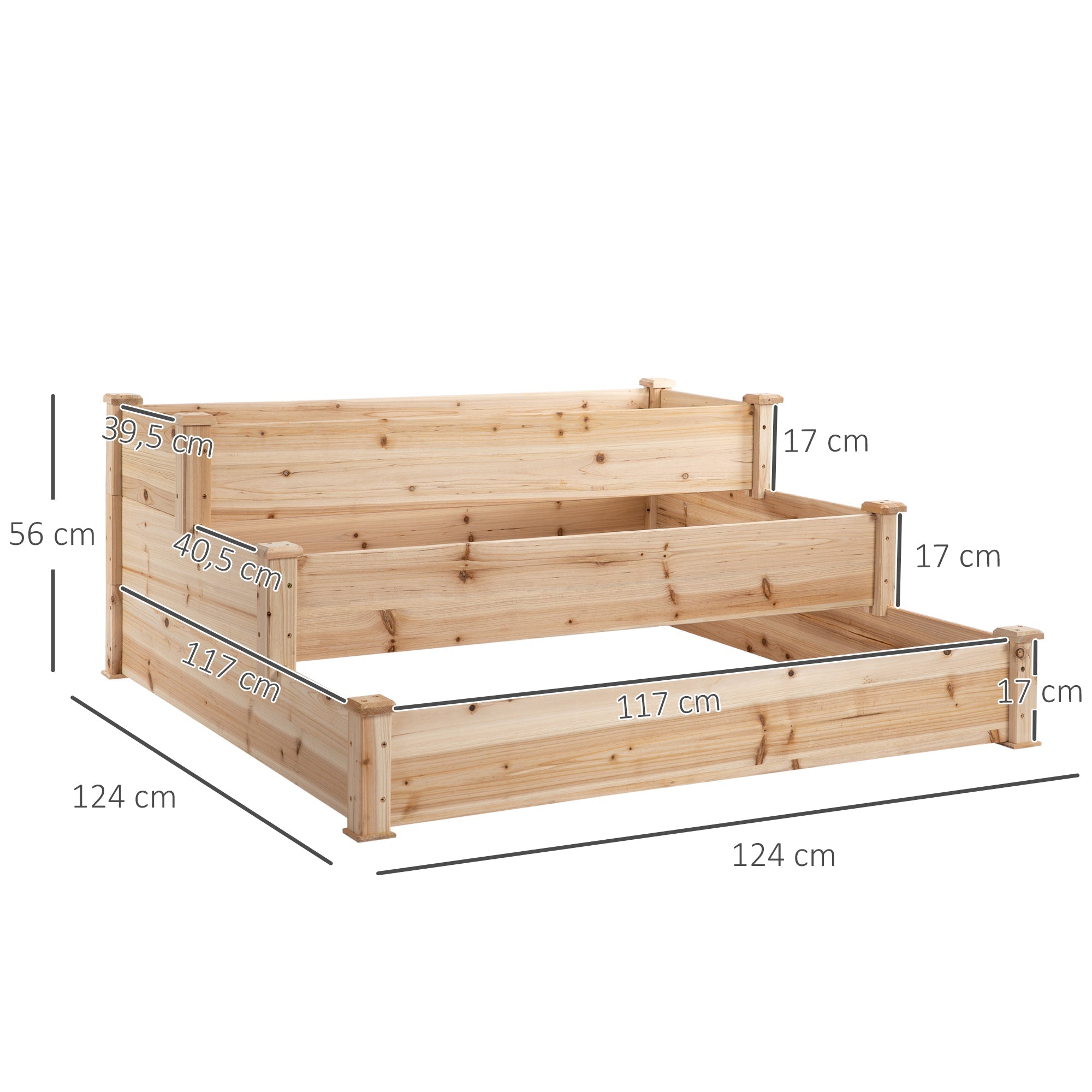 Light-colored wooden raised bed with a stepped design and three tiers perfect for garden patio or yard use by outsunny