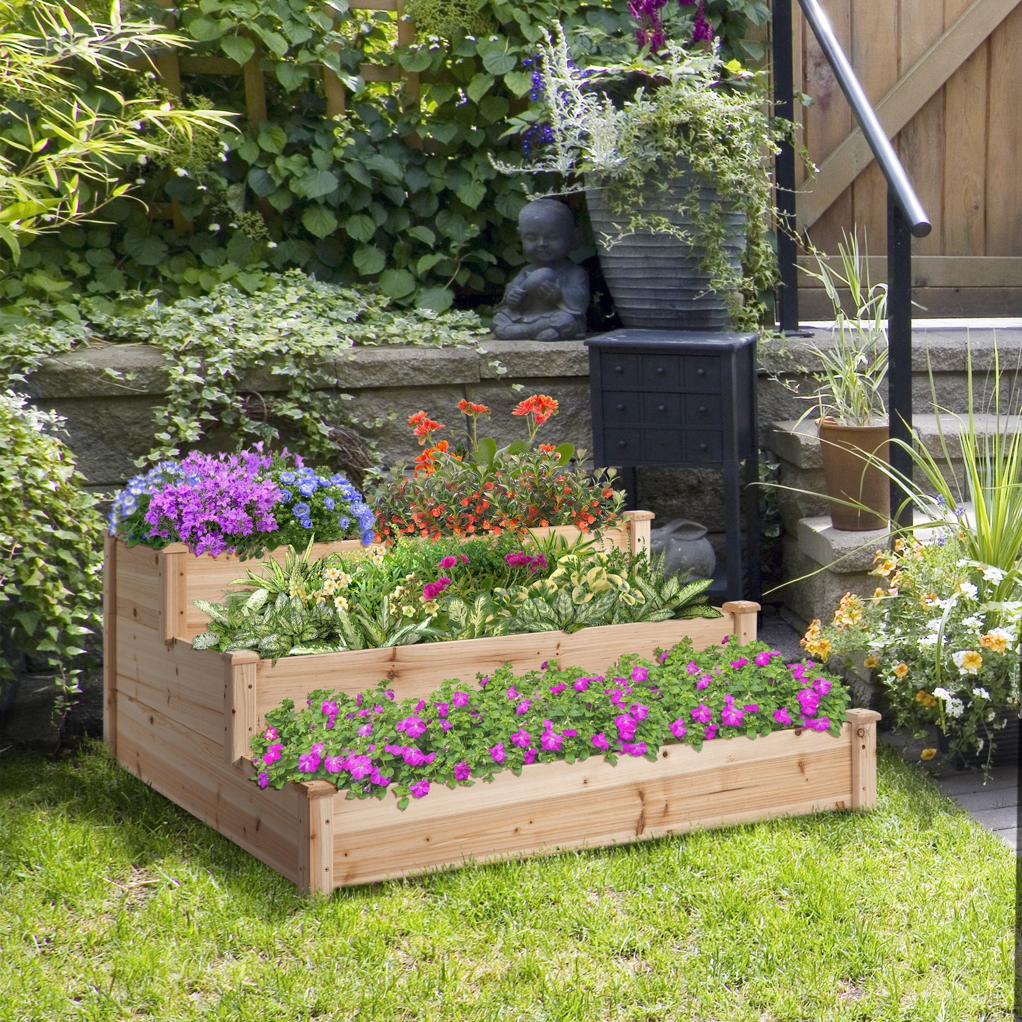 Outsunny 470l wooden raised bed with three-tier stepped design and colorful flowers for garden yard and patio use
