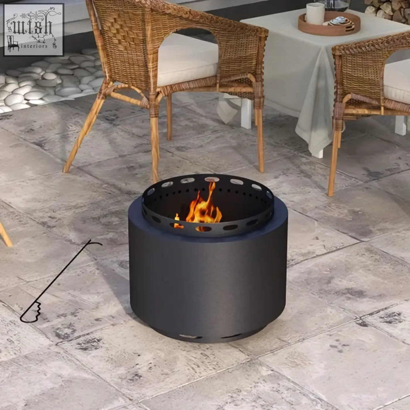 Outsunny black metal wood burning firepit with perforated top ring and smokeless wood burning flame inside