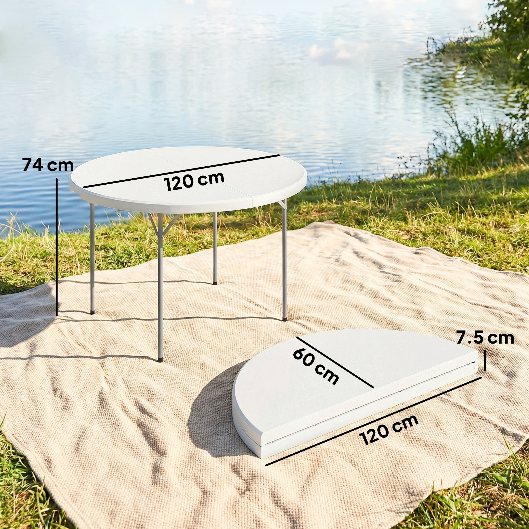White foldable camping table with metal frame and non-slip foot pads perfect for garden use 120l x 120w