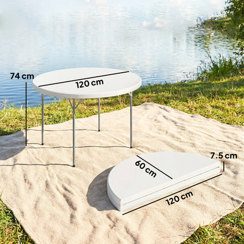 White foldable camping table with metal frame and non-slip foot pads perfect for garden use 120l x 120w