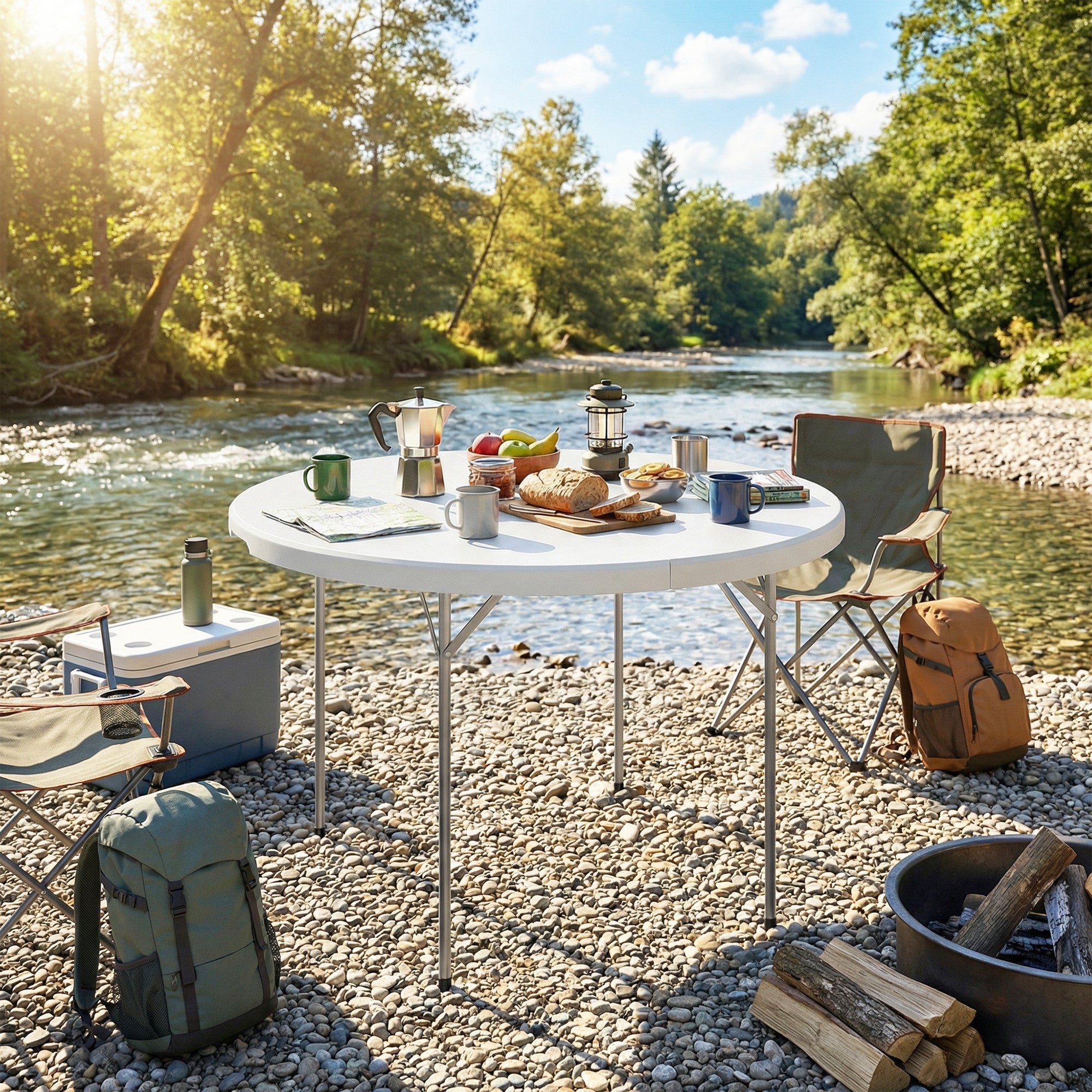 White foldable camping table with metal frame and non-slip foot pads set up by river on gravel ground for outdoor use