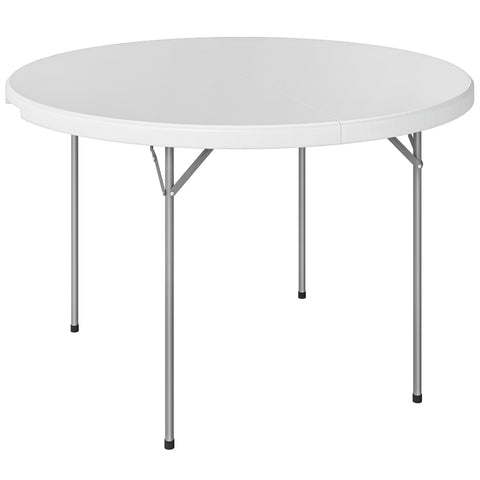 White round plastic folding camping table with metal frame and non-slip foot pads for outdoor use 120l x 120w