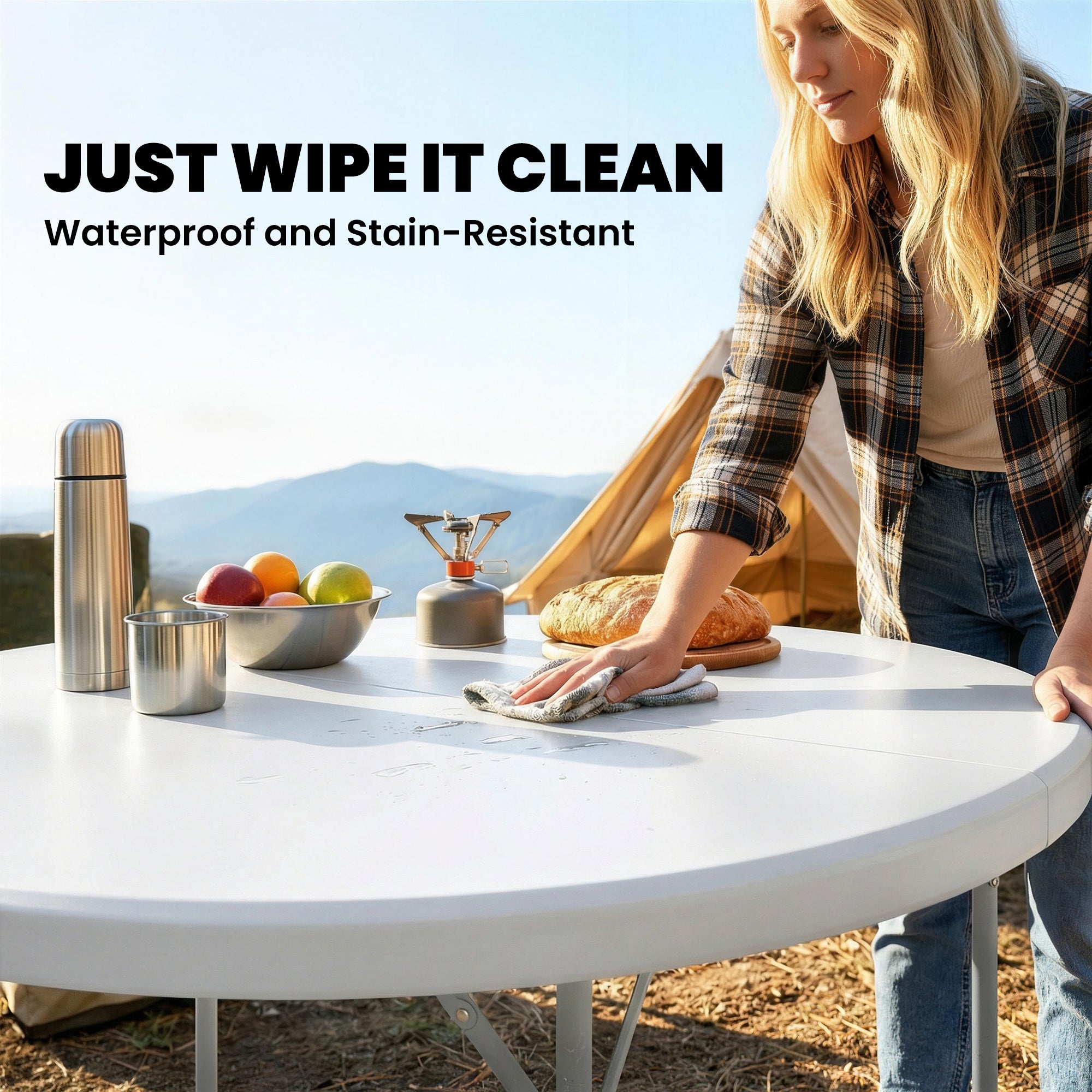 White outsunny 4ft folding camping table with metal frame and non-slip feet perfect for garden use 120l x 120w