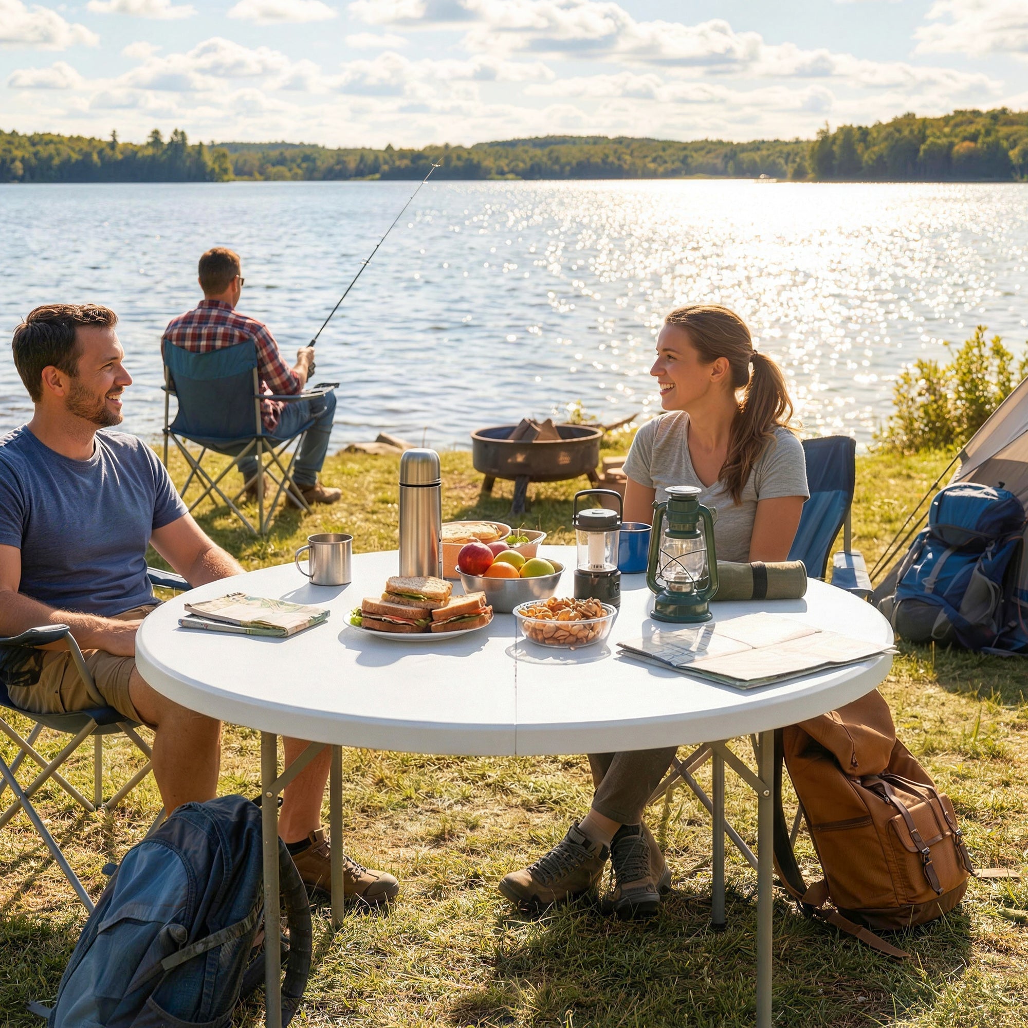White round folding camping table with metal frame and non-slip foot pads ideal for garden use 120l x 120w size