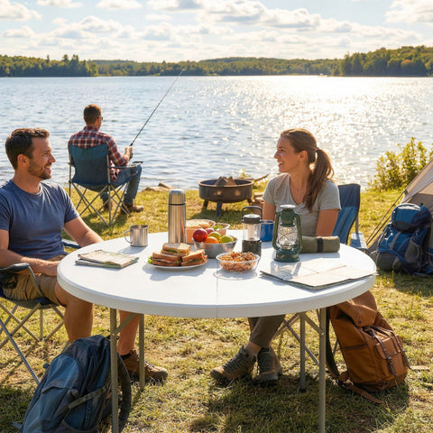White round folding camping table with metal frame and non-slip foot pads ideal for garden use 120l x 120w size
