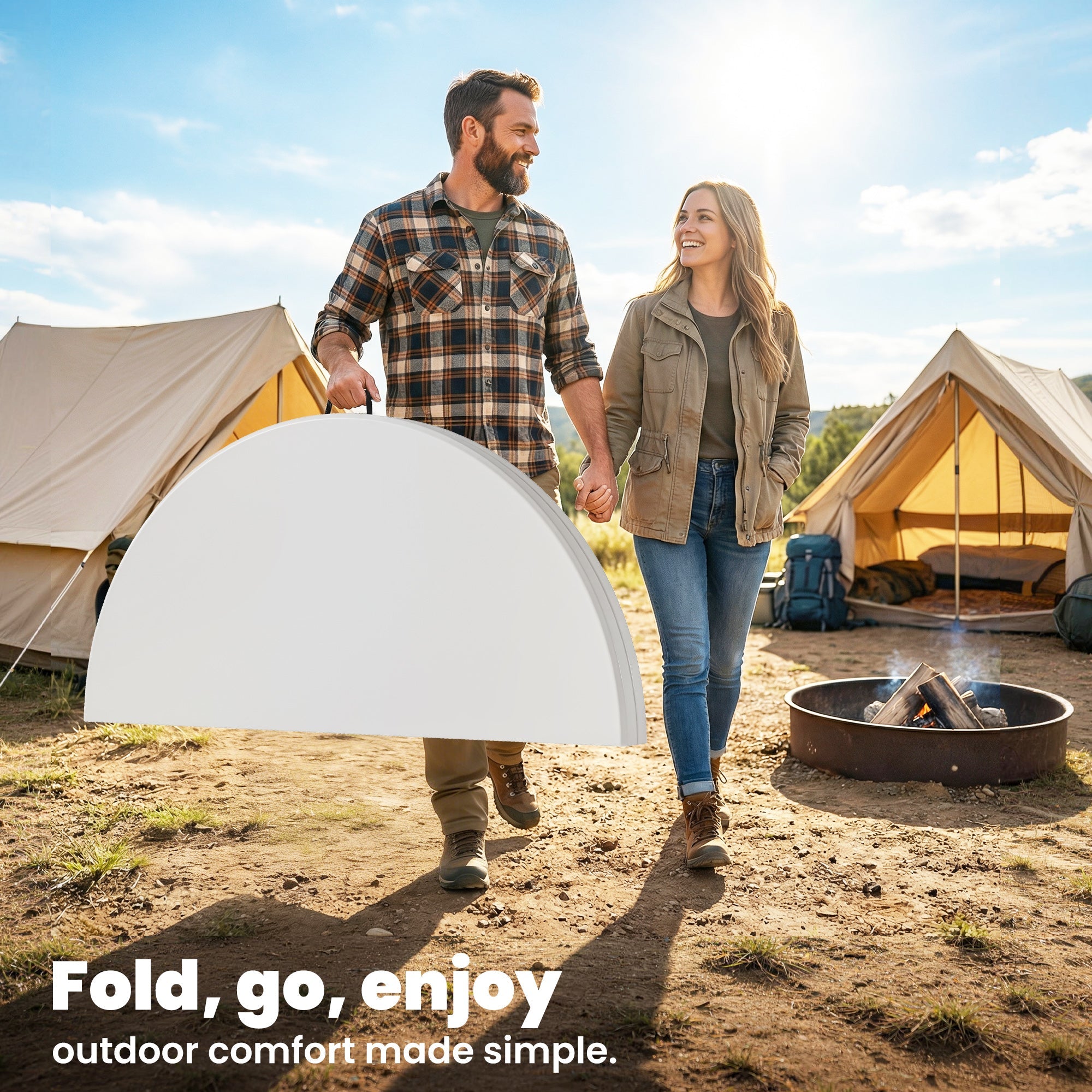 White foldable camping table with metal frame and non slip foot pads 120l x 120w perfect for garden use