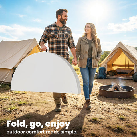 White foldable camping table with metal frame and non slip foot pads 120l x 120w perfect for garden use