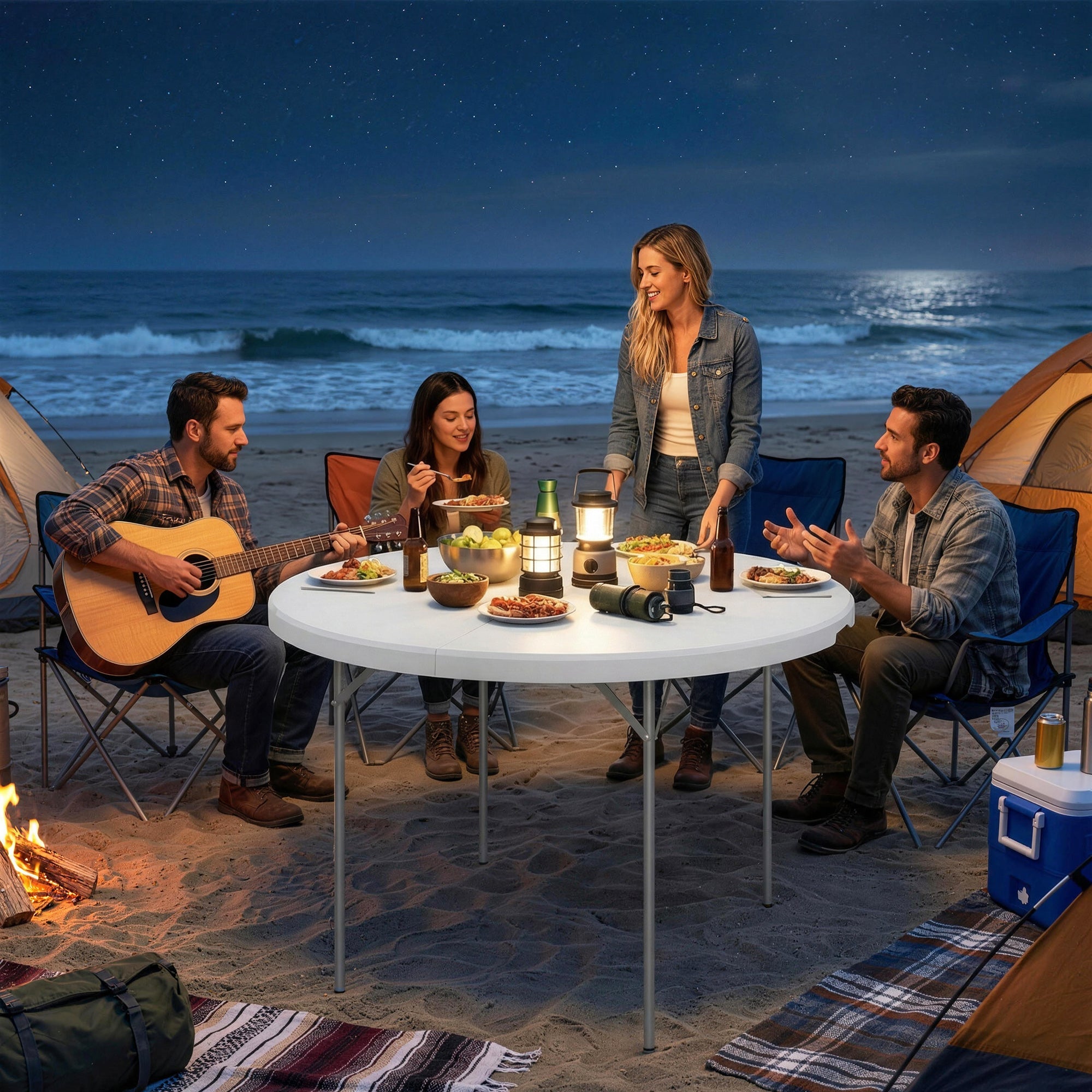 White foldable camping table with metal frame and non-slip foot pads perfect for garden use and 100 kg load capacity