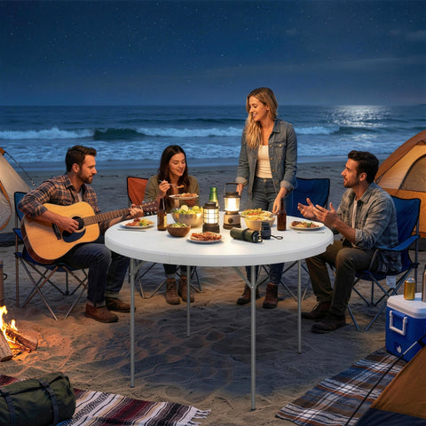 White foldable camping table with metal frame and non-slip foot pads perfect for garden use and 100 kg load capacity