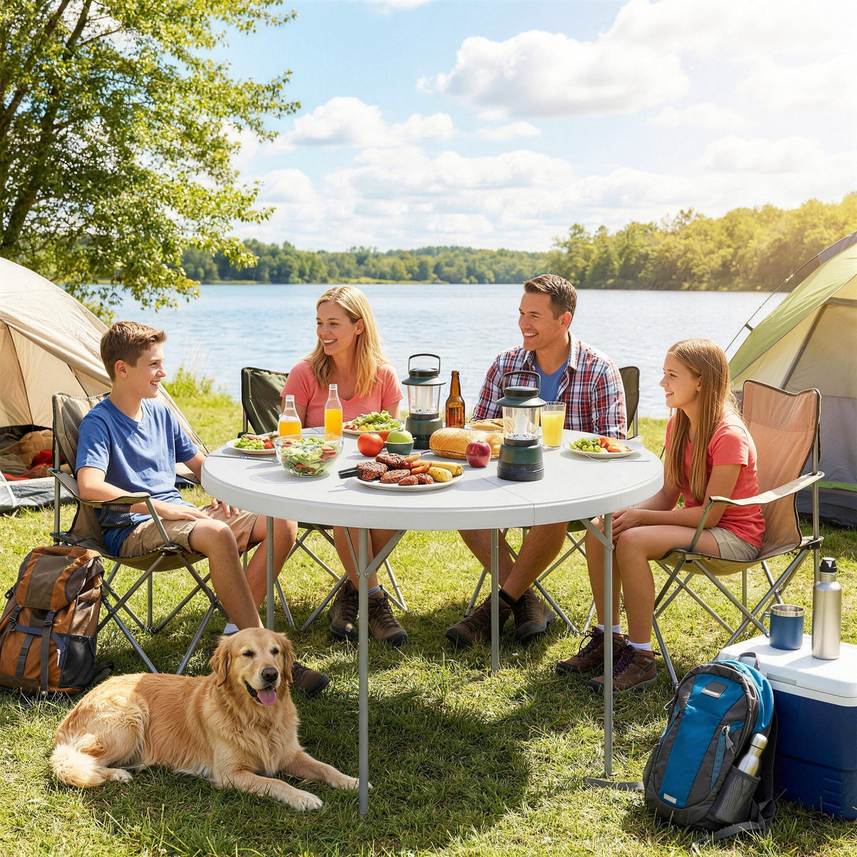 Outsunny white foldable camping table with metal frame round surface 120l x 120w for outdoor picnic near lake