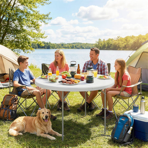 Outsunny white foldable camping table with metal frame round surface 120l x 120w for outdoor picnic near lake