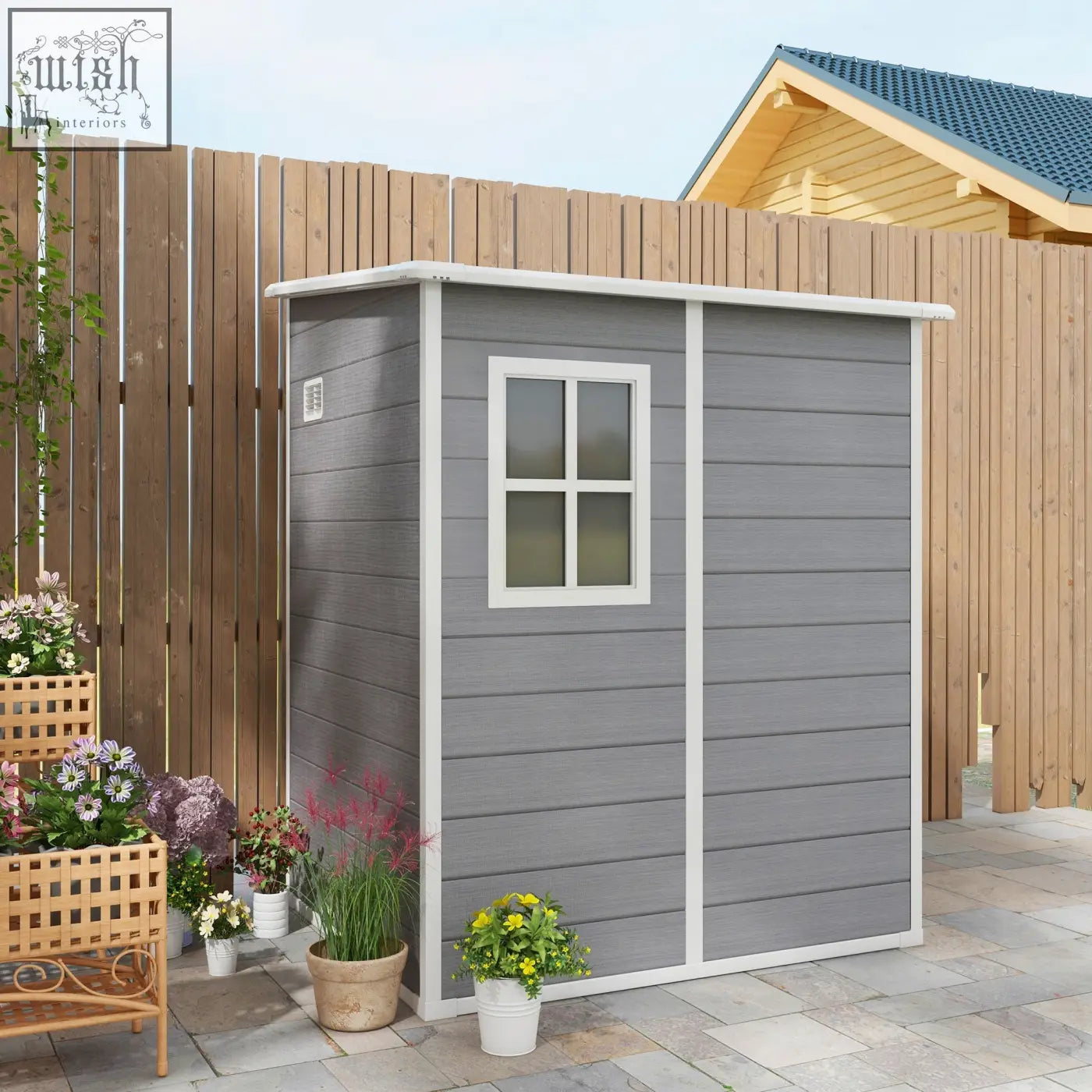 Gray plastic garden shed with white trim small window lock included and three keys outsunny 4x5 storage shed