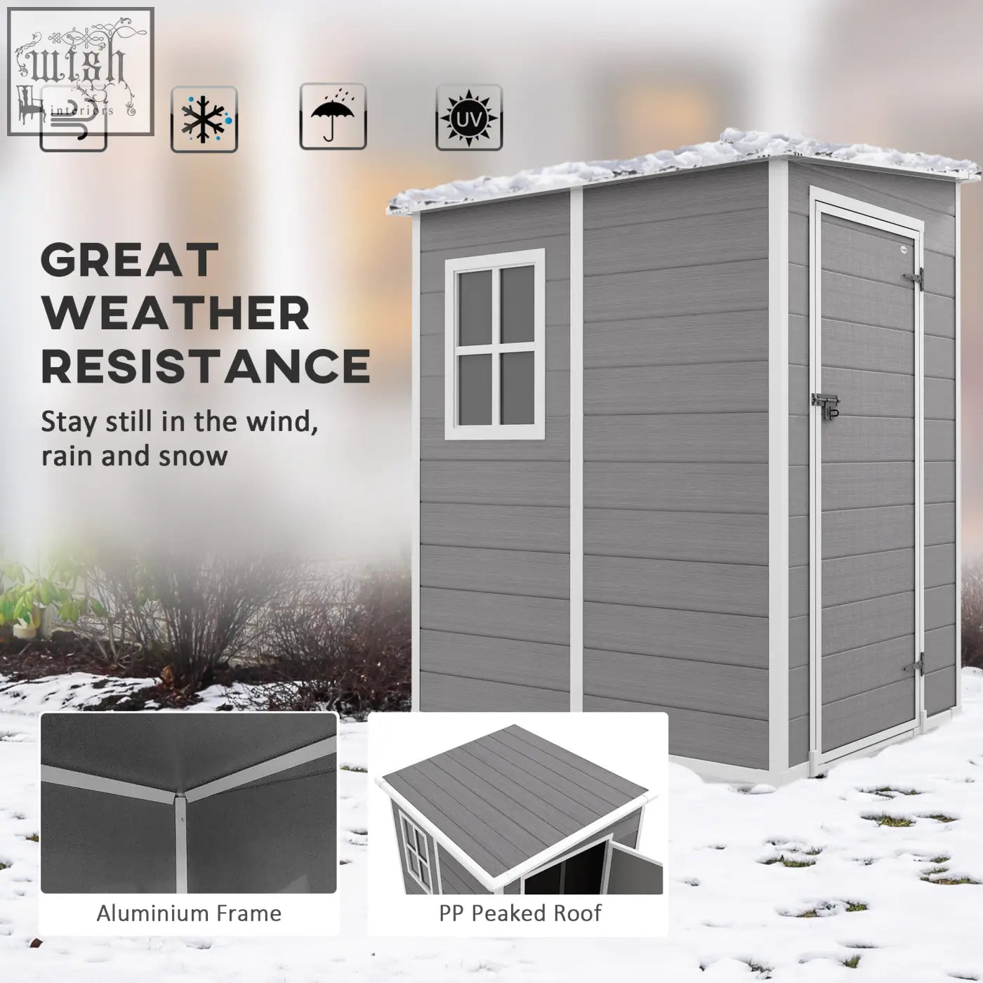 Gray plastic outsunny 4x5 garden shed with white trim aluminum frame lock included and three keys for secure storage