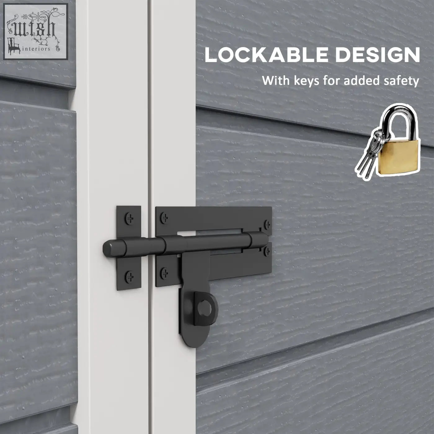 Black metal lockable door latch on grey outsunny garden shed with lock included and three keys for secure storage