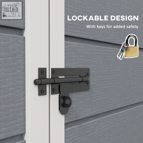 Black metal lockable door latch on grey outsunny garden shed with lock included and three keys for secure storage