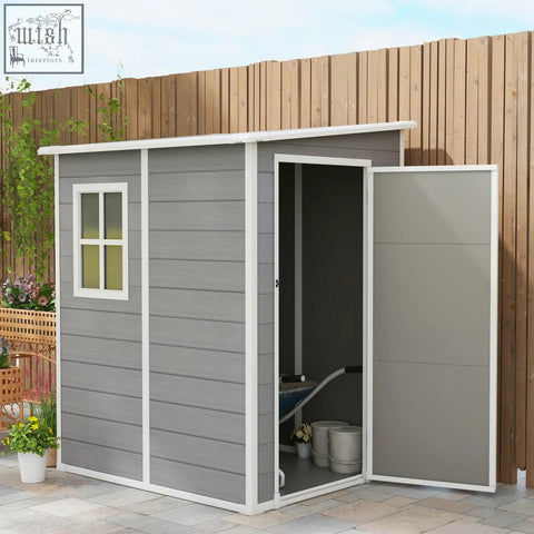 Gray outsunny 4x5 garden shed with white trim, plastic roof, window, open door showing tools, lock included with three keys