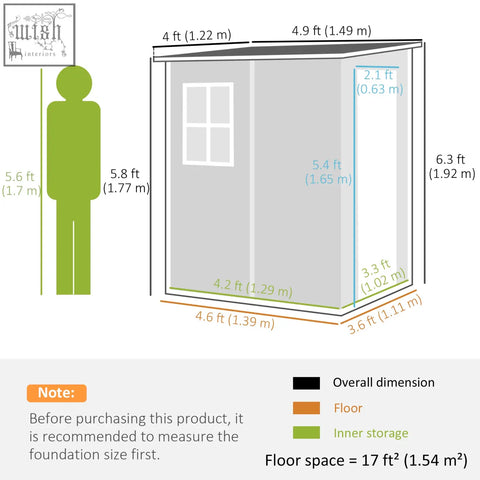 Gray outsunny 4x5 garden shed with white window lock included and three keys shown with dimensions in feet and meters