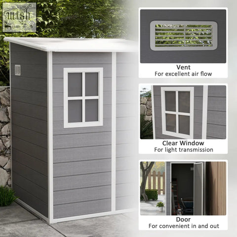 Gray plastic outsunny garden shed with white trim lock included and three keys features window and vent for airflow