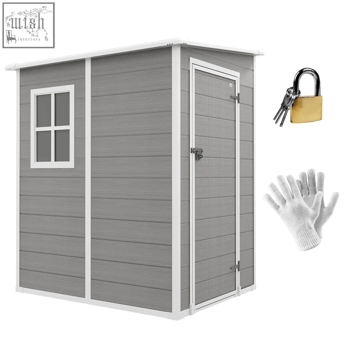 Gray plastic garden shed with white trim window door lock included and three keys outsunny 4x5 lockable shed