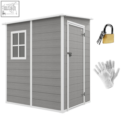 Gray plastic garden shed with white trim window door lock included and three keys outsunny 4x5 lockable shed