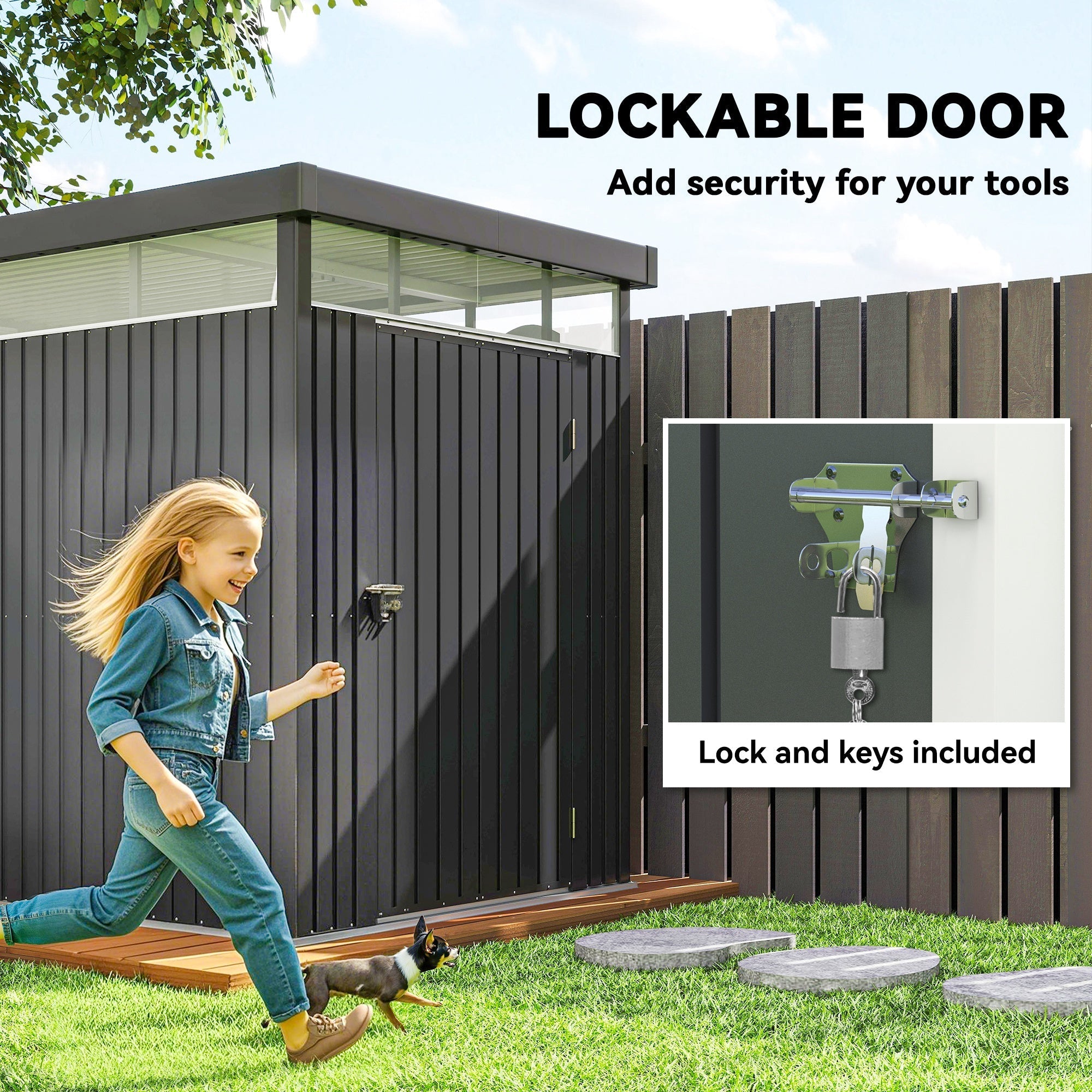 Black galvanised steel garden shed with lockable wide door padlock and roof windows for outdoor tool storage